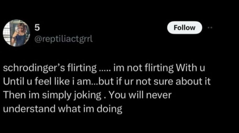 Tweet? Maybe thread?  by @reptiliactgrrl that reads “schrodinger’s flirting….im not flirting with u until u feel like i am…but if ur not sure about it then im simply joking. You will never understand what im doing” 