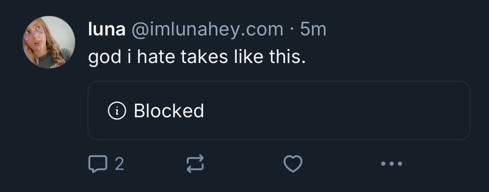 Screenshot of Luna’s skeet and the quoted skeet showing as “Blocked”
