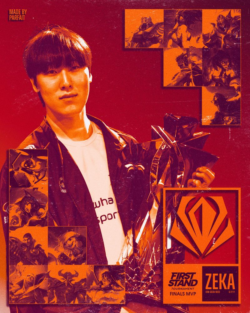 Poster of the First Stand MVP HLE ZEKA with all the champs he played during the tourament