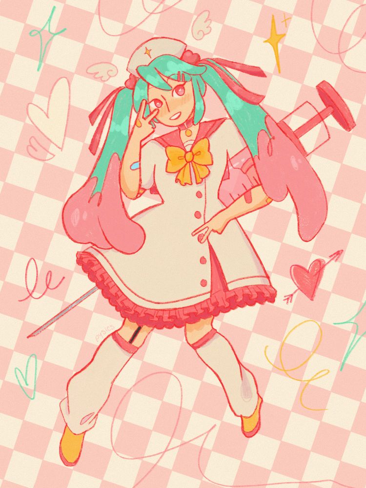 Digital illustration of Hatsune Miku wearing nurse outfit from Magical Cure Love Shot. 