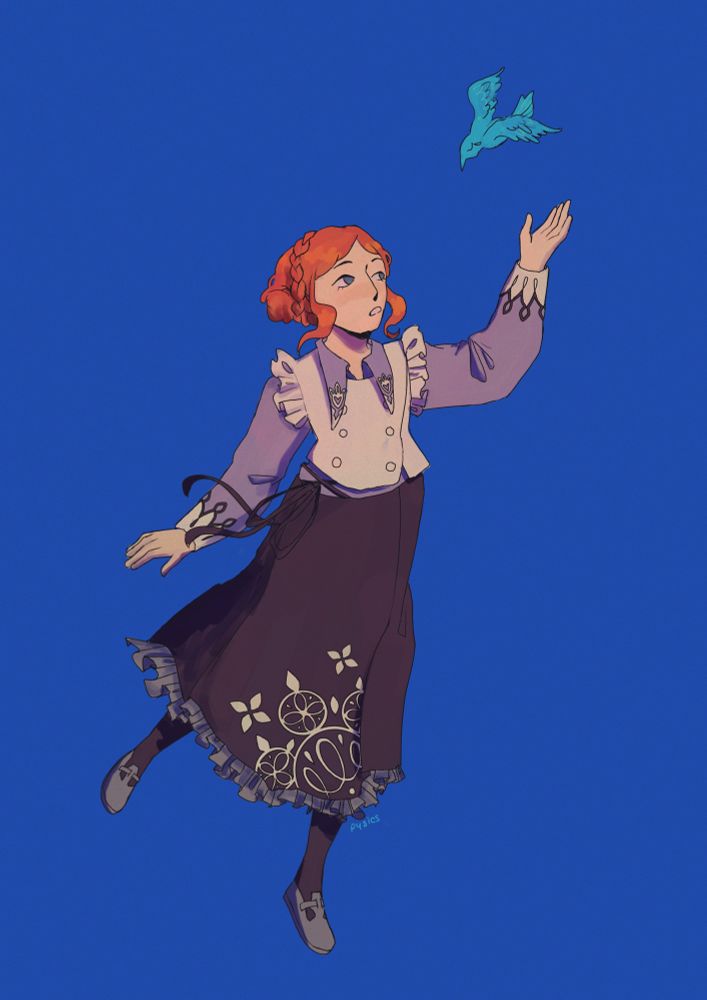 A digital drawing of Luna from Zero Escape: Virtue’s Last Reward. She is holding her hand up towards a bluebird.