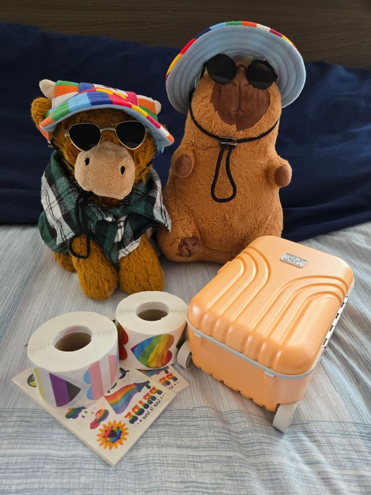 A plushie highland coo wearing a green tartan shirt and rainbow hat and sun glasses and a capybara plushie wearing a rainbow hat and sunglasses. They have two rolls of pride flag heart stickers, some pride temporary tattoos, and a tiny suitcase 