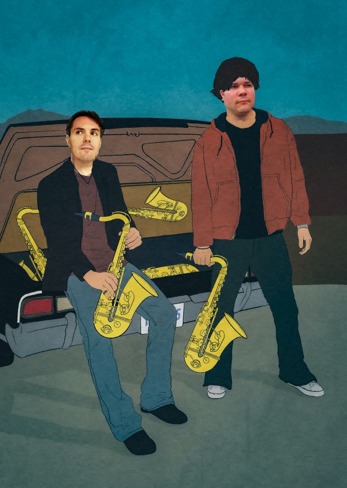 Drawing of Sam and Dean from the show Supernatural posing at the open trunk of their car. Both are hold saxophones. There are three more saxophones in the trunk, one is being used to propose it open.

Dean's face has been replaced with a photo of Tom Reimann's and Sam's face has been replaced with David Bell's.