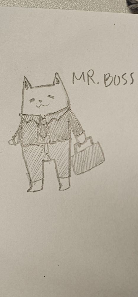 A cute cat drawing in a business suit with briefcase named Mr. Boss