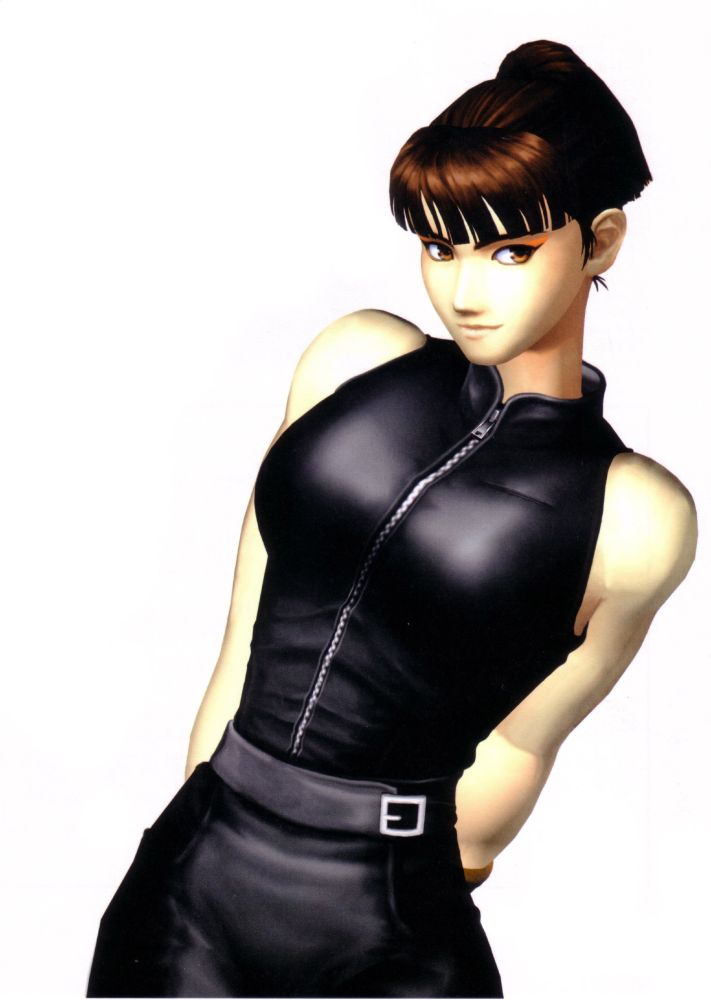 Lei Fang from DOA. PS1 advert Busty Chinese girl in a leather zip up outfit.