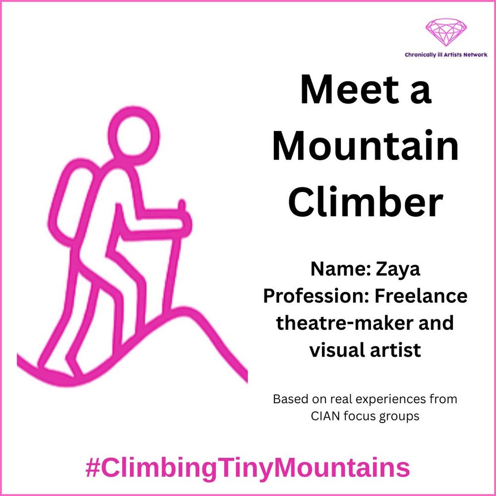Image description: a pink graphic line drawing on a white background, showing a figure with a stick and backpack, climbing one of a series of 3 hills to the left. The black text on the right reads “Meet a Mountain Climber. Name: Zaya, Profession: Freelance theatre-maker and visual artist, Based on real experiences from CIAN focus groups”. The pink graphic gem logo for the Chronically ill Artists Network is in the top right and pink text along the bottom reads #ClimbingTinyMountains