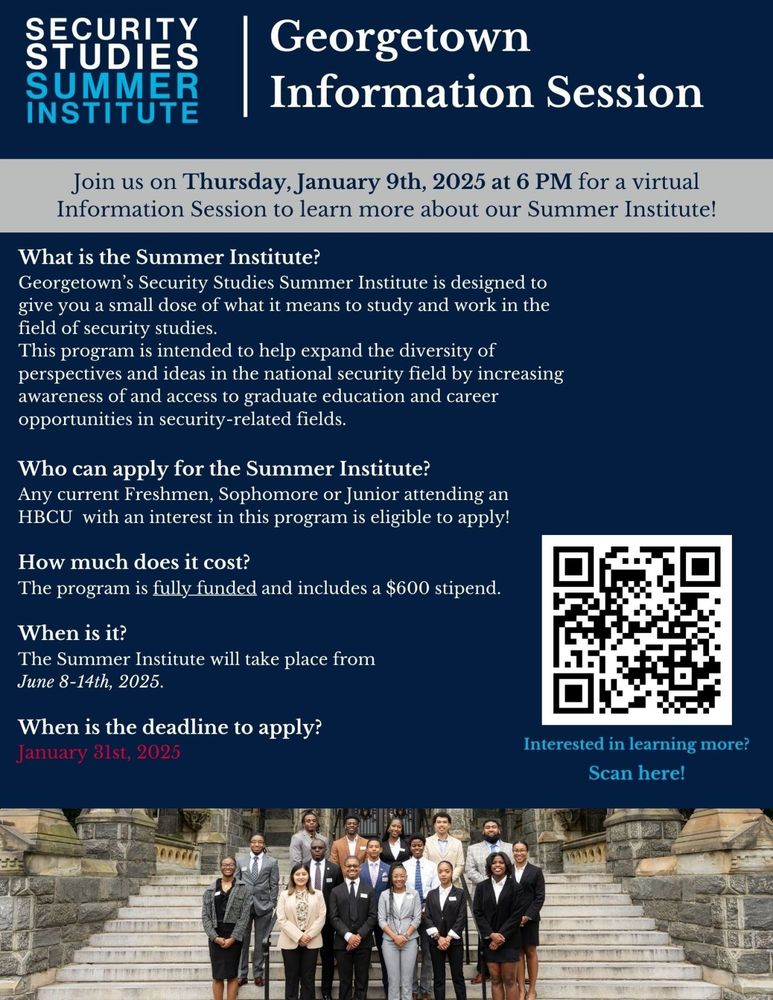 A flyer with a QR code about an information session on Georgetown's summer security studies institute for HBCU students