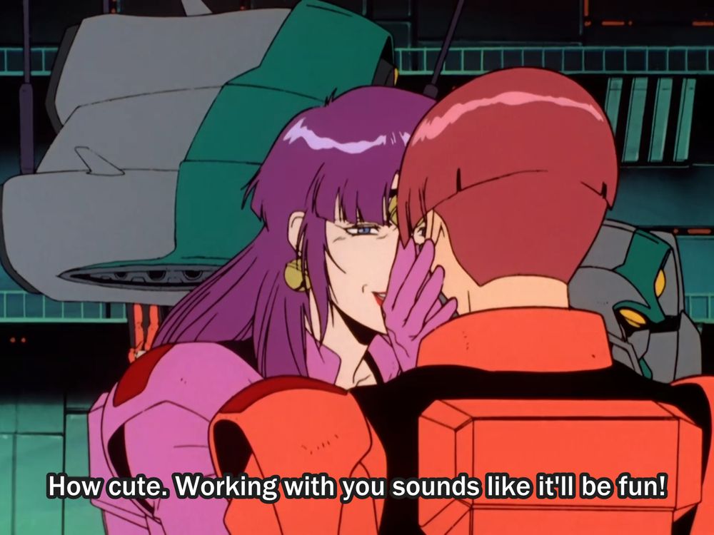 fuala griffon v gundam with her hand on a woman pilot's face: how cute. working with you sounds like it'll be fun!