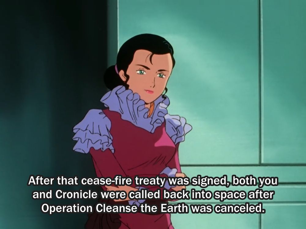 lupe cino watching pipiniden and other guy on video call: after that cease-fire treaty was signed, both you and Cronicle were called back into space after Operation Cleanse the Earth was canceled.