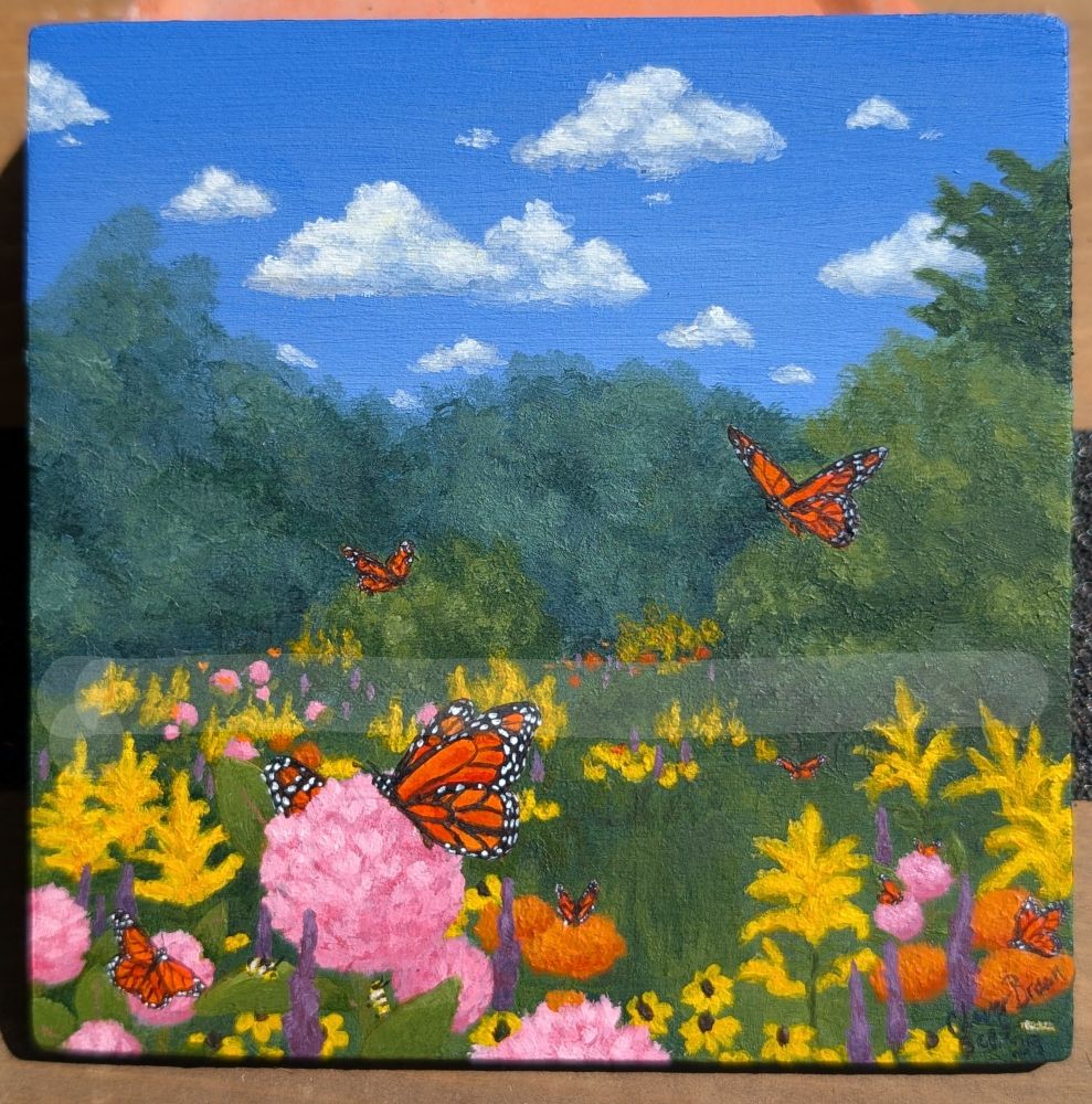 Landscape painting with milkweed and Goldenrod flowers. Monarch butterflies are on some of the flowers as well as flying
