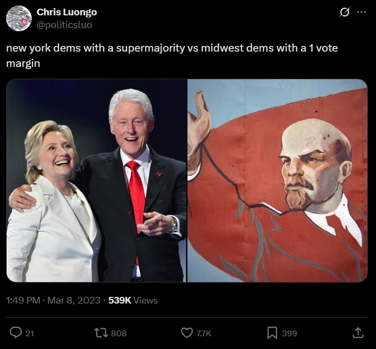 chris luongo
@politicsluo

new york dems with a supermajority (picture of bill and hillary clinton) vs midwest dems with a 1 vote margin (old soviet propaganda image of vladimir lenin)