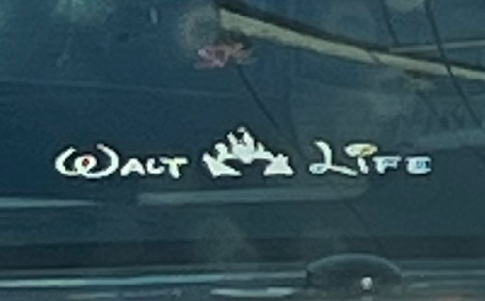 A bumper sticker that says WALT LIFE in the Disney logo font 