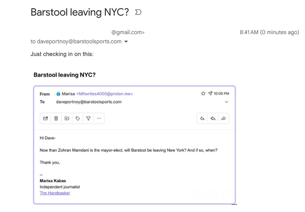 My email to Dave Portnoy with the same subject as Marisa's and a screenshot of her email