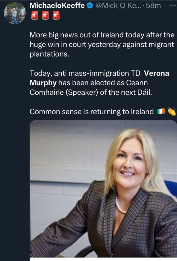 A screenshot of Mick O'Keffee's tweet celebrating Verona Murphy's Ceann Comhairle appointment but translating what that means in parentheses. 