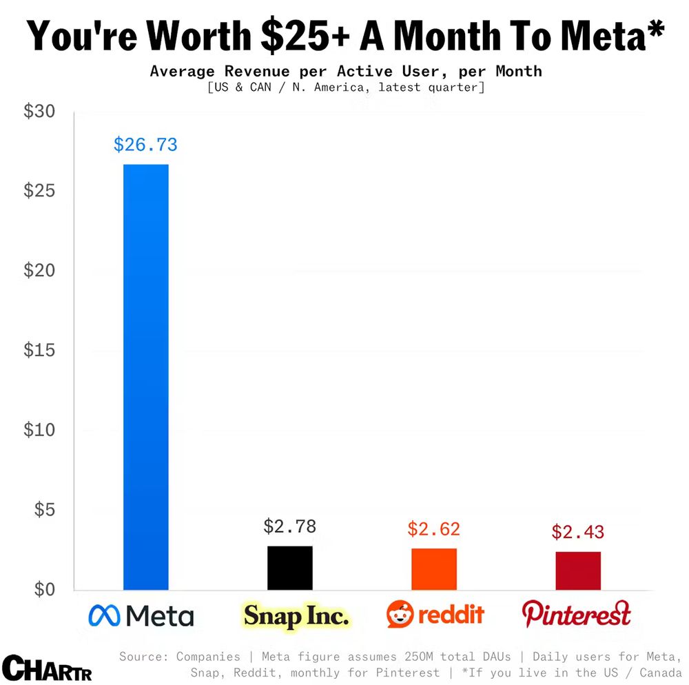 A bar chart showing a meta user is worth 25$ per month.