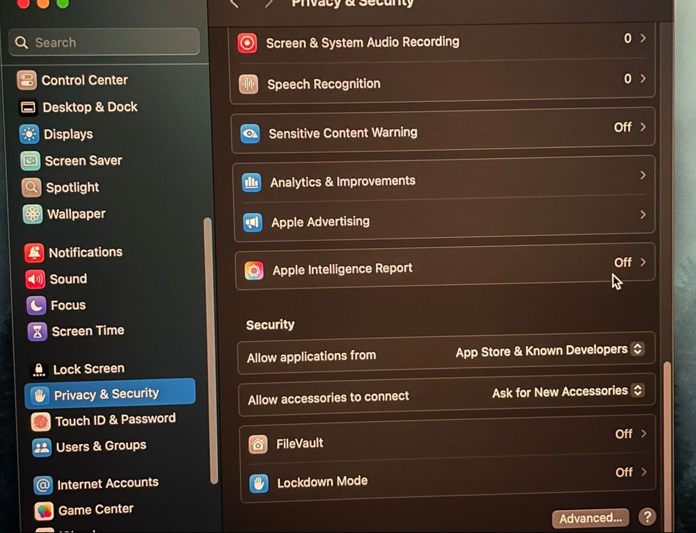 Screenshot of Mac settings for how to turn off auto-on AI settings.
If you want to disable it, go to privacy and security in your settings and turn off Apple Intelligence Report