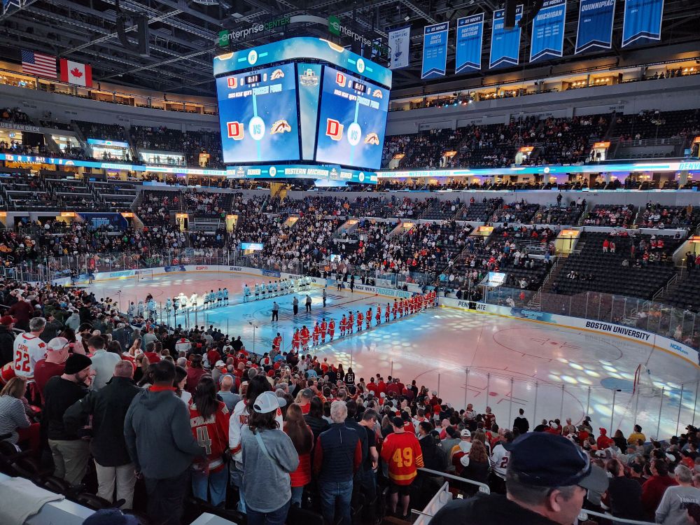 Players and officials standing for National Anthem before game