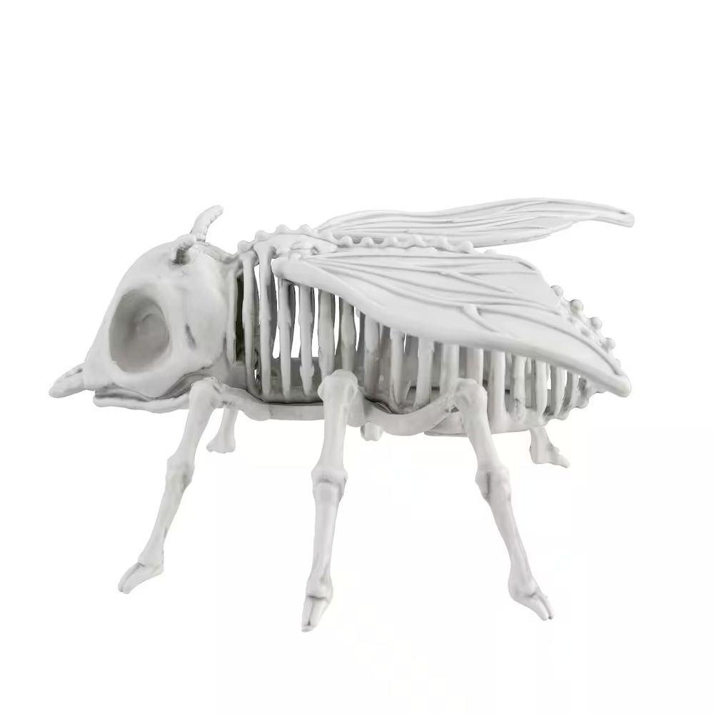 A Halloween decoration of a skeleton fly. It has solid bone wings, bone antennae, a skull, leg bones, and an entire thorax and abdomen made entirely of ribs.