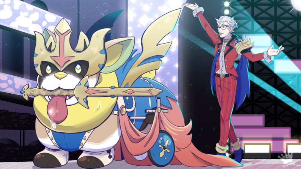 Front most character is of a Yamper Pokemon dressed as Zacian. His trainer standing behind dressed in a Zamezenta outfit to match. Trainer has white hair, red eyes, and coral horns. They are standing on a well lit stage scene. 