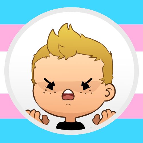 blue, pink and white stripe background (trans flag), circle in middle with chibi character. Angry annoyed expression with freckles. Blonde faux-hawk hairstyle. Hands slightly in frame in a angry open grasp. Black shirt. 