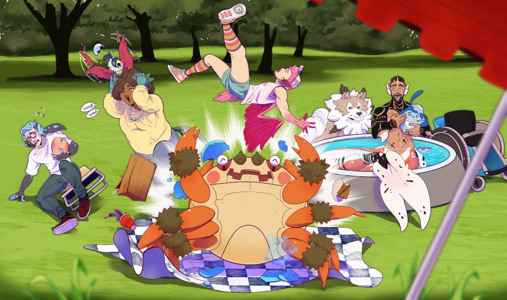 Drawn picture of many characters. From left to right: A rabbit man clutching a Pokemon egg while falling over a folding chair, a woman trying to calm down a confused Chatot bird in her hair, a young man with wings being flung into the air by a happy large crab freshly hatched from an egg in the middle of the picture, having strew about a picnic set up. In the background a wolf looking quite judgmental at the crowd, while a merman looks on in surprise while holding a freshly hatched Mantyke Pokémon (sting-ray creature) in a kiddie pool. All in a park setting.