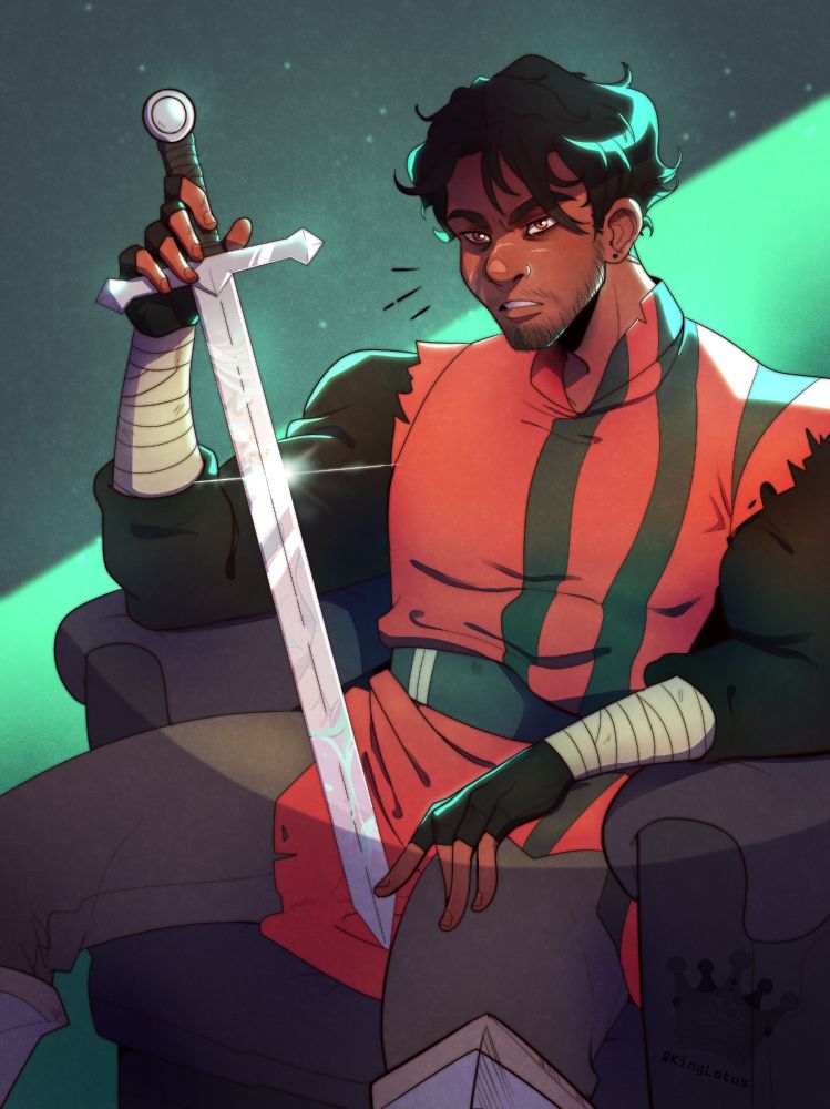 Illustration of a man sitting in a chair with a sword between his legs. He wears a red tunic with stripes. From a "Draw this in your style" by viperiumprime.bsky.social characters are owned by them. 
 