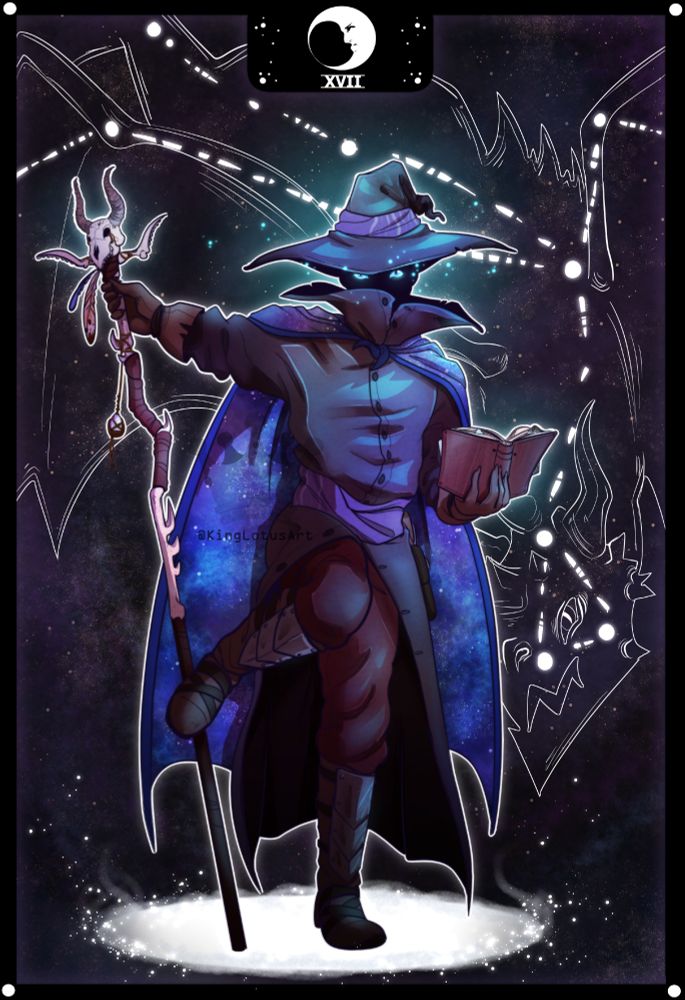 Drawn image: A fully covered wizard, with a leg up on their staff that has a skull top it. A large wizard hat darkens their face, but their eyes glow blue underneath. They are holding up a spell book in their other hand. They have a cape on that has a galaxy print. Their clothing is a purple color scheme. Behind them is space with a constellation of a dragon.