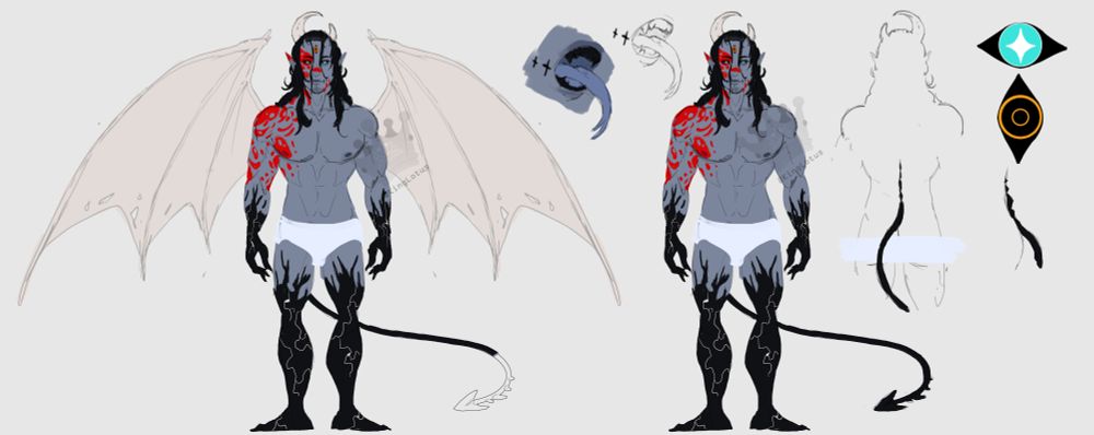 Drawn image: A grey skin toned demon man with long black hair. Red markings cover half his face and going down one side of his arm and part of his chest. His white horns create a crescent moon shape. His forearms down and calves down are pure black with white cracks. One form has large white wings showing. Small sections show off close ups. One of his mouth with black teeth and long blue forked tongue. Others of of his eyes. Black scleras, one with icy blue iris and white star pupil, other with two orange rings. 