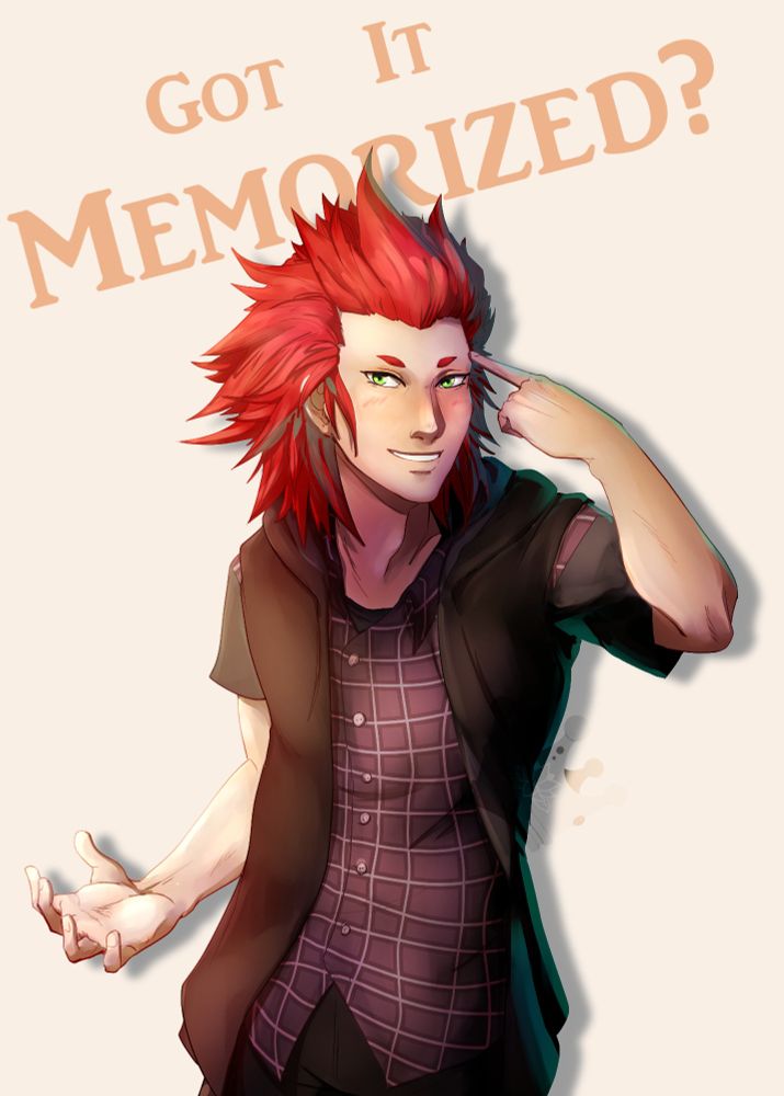 Waist up of Lea/Axel from Kingdom Hearts with the words "Got It Memorized" behind him.