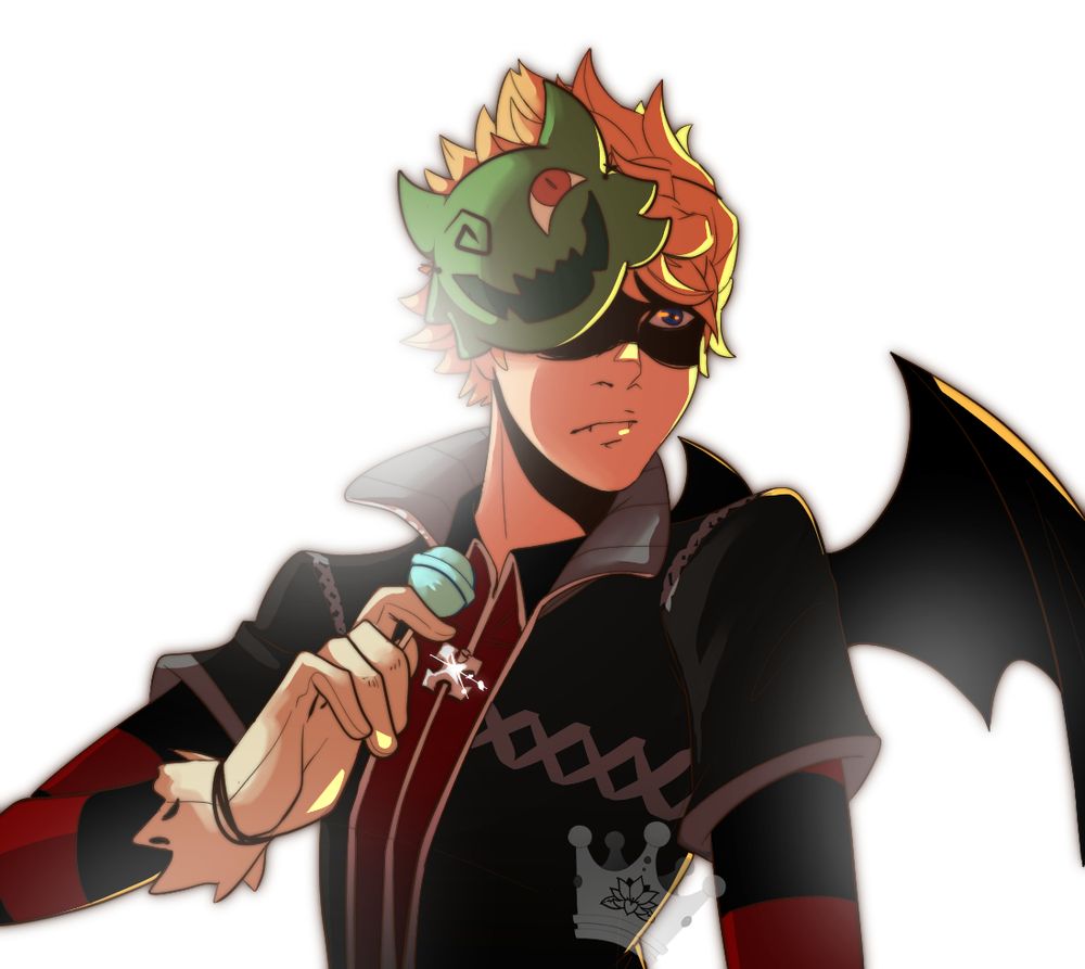 Fanart of Roxas from Kingdom Heart 2 in a fan made Halloween Town outfit. Wearing a green monster mask over part of his face. Black sleeveless vest, with red and black striped collared jacket underneath. White tattered glove holding a sea salt sucker. Bat wings coming from his back. Eyes in heavy shadow. 