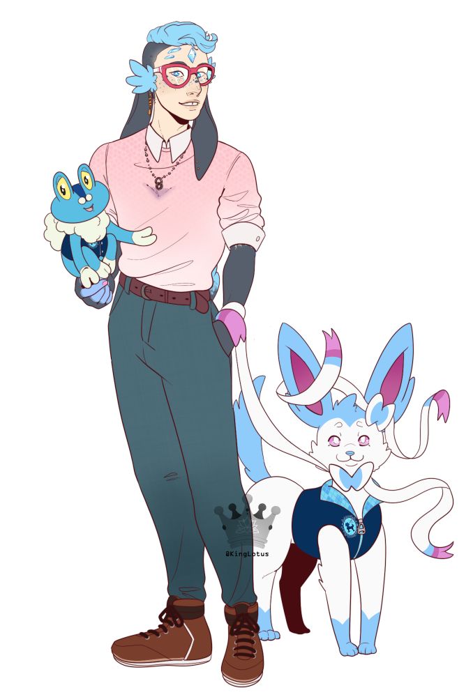 Drawn image: A fair skinned man with blue hair and grey side shave. Blue fluff near the base where his long grey rabbit ears start. He has blue gems on his fore head. Blue eyes with pink glasses. He wears a semi formal pink shirt and white dress shirt underneath. A brown belt and jeans with brown shoes. He hold in his hand a Froakie wearing a blue vest, and also next to his wearing the same vest a shiny Sylveon that hold the man's wrist with one of it's ribbons.