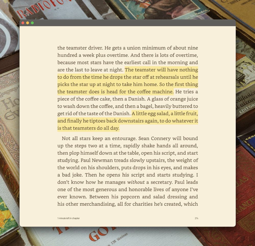 "The teamster will have nothing to do from the time he drops the star off at rehearsals until he picks the star up at night to take him home. So the first thing the teamster does is head for the coffee machine." 

"A little egg salad, a little fruit, and finally he tiptoes back downstairs again, to do whatever it is that teamsters do all day."