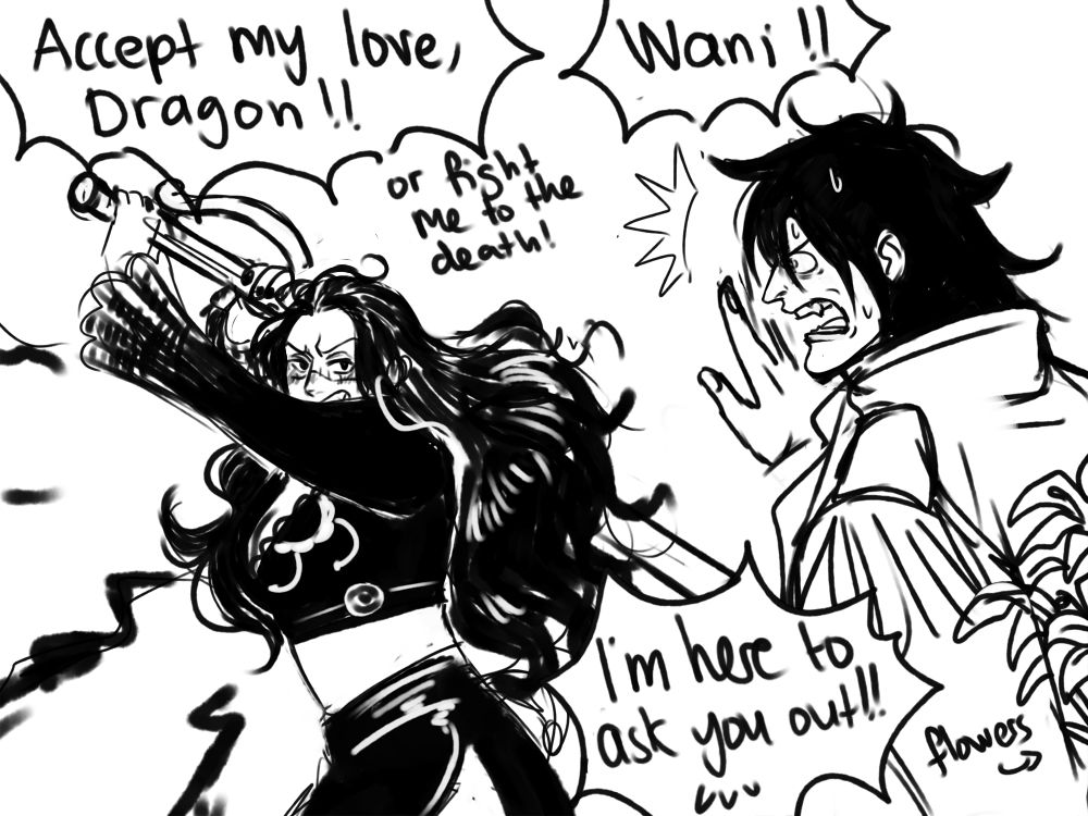 Black and white doodle of female!Crocodile, dressed in Kuja clothing and with long hair, preparing to strike Dragon with her sword. She yells: "Accept me love, Dragon!! Or fight me to the death!" Dragon looks startled, hand raised and yells back: "Wani!! I'm here to ask you out!!" He has flowers behind his back.