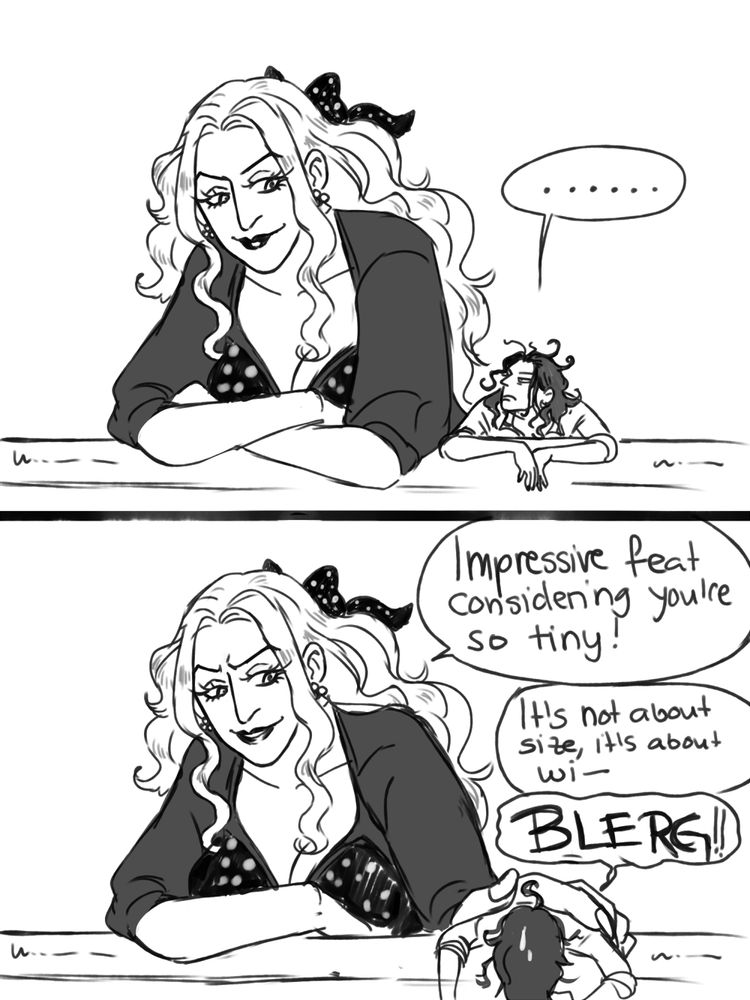 Black and white comic page.
Panel 1: Linlin and Rocks leaning on the railing again, Rocks is looking up at her with a blank look.
Panel 2: Linlin says: "impressive feat considering you're so tiny!" Rocks says: "It's not about size, it's about wi-" but gets cut off by throwing up. He's leaning over the railing and Linlin has her hand on his back.