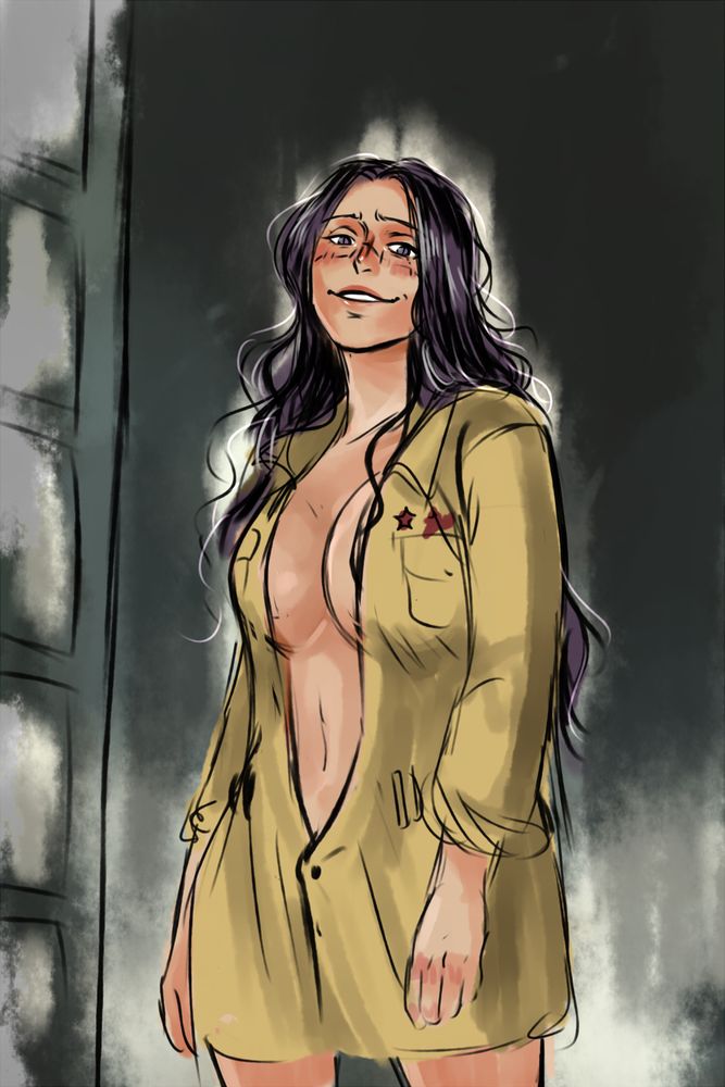 Doodle of a female Crocodile, with long hair, wearing only Dragon's Freedom Fighter/ early Revolutionary Army era uniform shirt