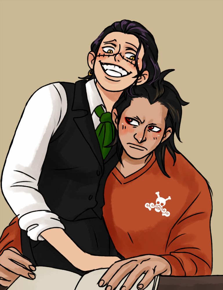 Fanart of a young Dragon and Crocodile. Crocodile is sitting on Dragon's lap as Dragon is reading something. Crocodile is grinning while Dragon's expression seems neutral enough but he's blushing.