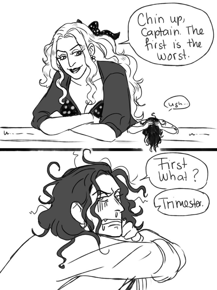 Black and white comic page.
Panel 1: Rocks is leaning over the ship's railing, holding his head. Linlin is leaning on the railing next to him, smiling down at him. "Chin up, Captain," she says. "The first is the worst."
Panel 2: Rocks looks up, his hair is down and a mess. He is frowning up at Linlin. "First what?" he wants to know. Linlin answers: "Trimester."