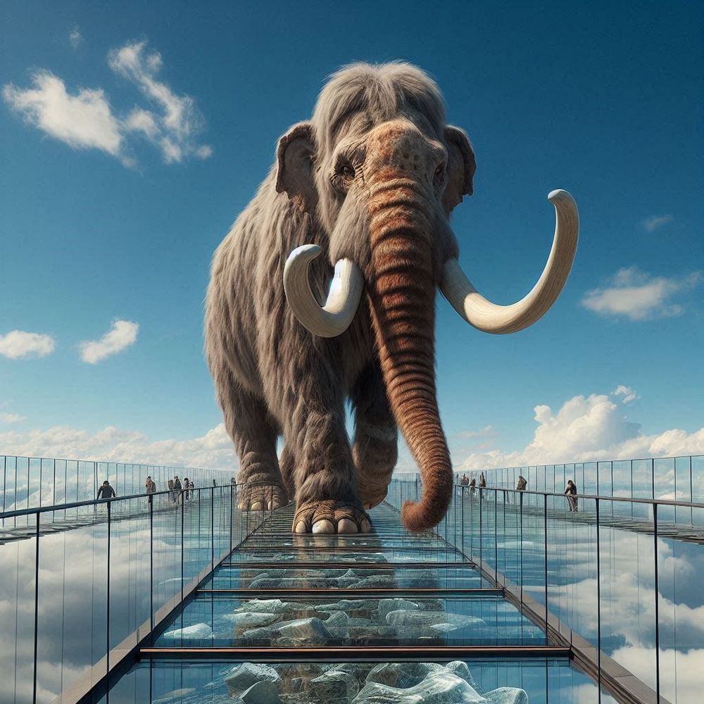 Mammut, das über eine gläserne Brücke durch einen blauen Himmel läuft. Erstellt mit generativer KI (DALL-E 3 via Microsoft Copilot)