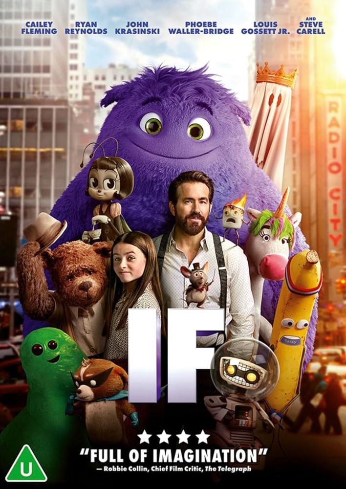 IF movie poster with Ryan Reynolds and Cailey Fleming in the middle surrounded by animated imaginary friends