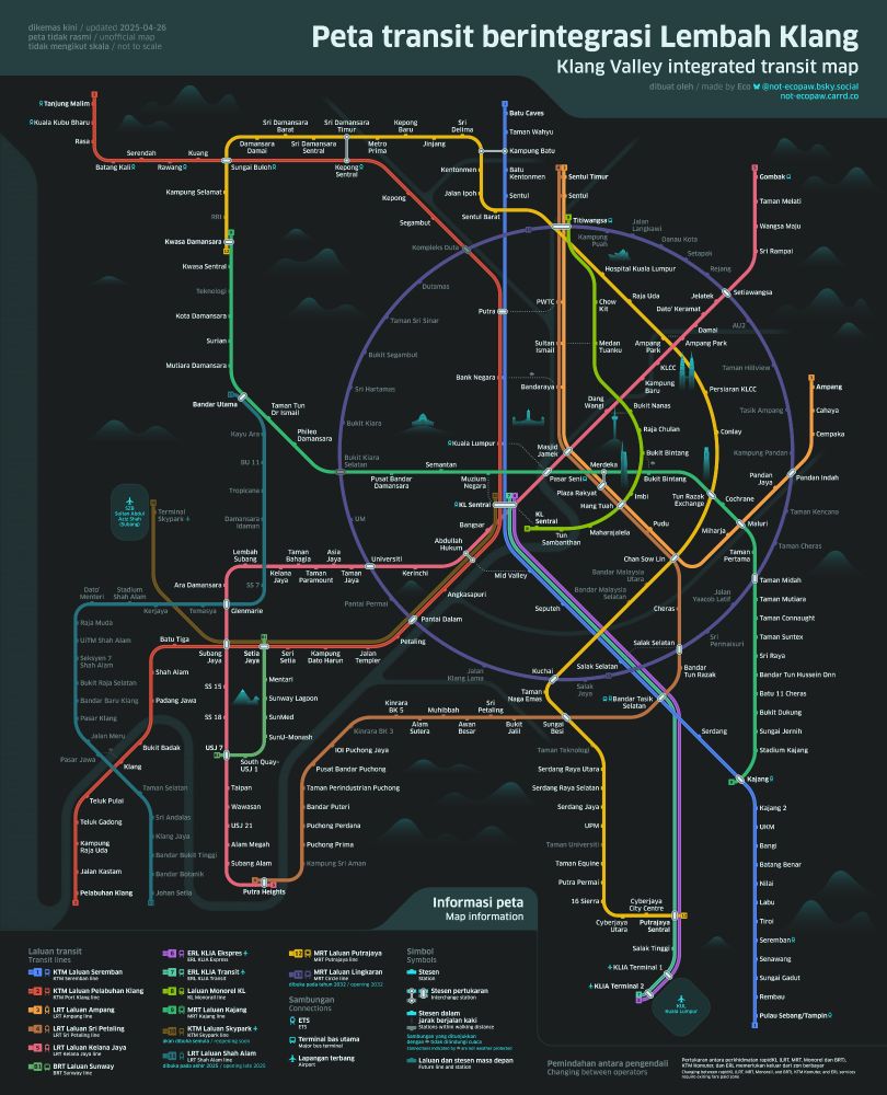 a transit diagram titled "peta transit berintegrasi lembah klang" in malay ("klang valley integrated transit map" in english). it shows all existing and under construction rapidkl, ktm komuter, and erl lines on a dark background, as well as rivers, mountains, and landmarks. lines in central kuala lumpur are drawn using concentric circles, with the mrt circle line being a full circle. the design language is rounded and humanist.