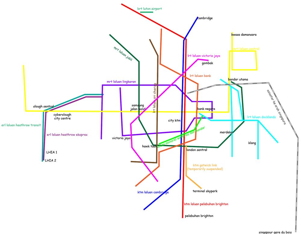 a very poorly drawn "map" of rail services in london, with each line given the name and colour of a rail line in kuala lumpur. the station names are parodies of stations in kuala lumpur and are written in comic sans.