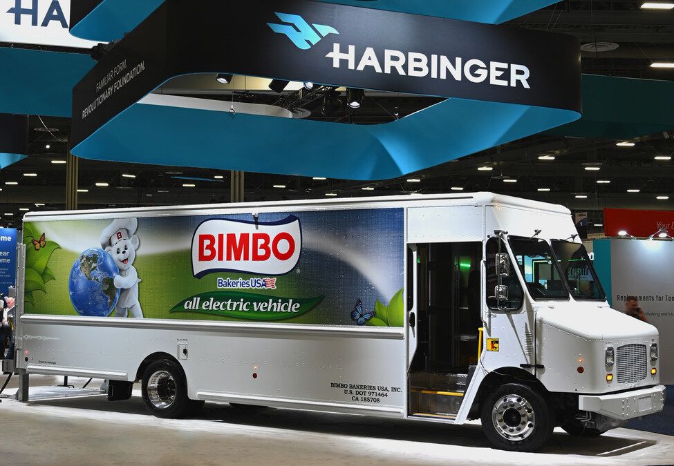 A Harbinger Motors electric medium duty delivery truck with Bimbo bakery livery.