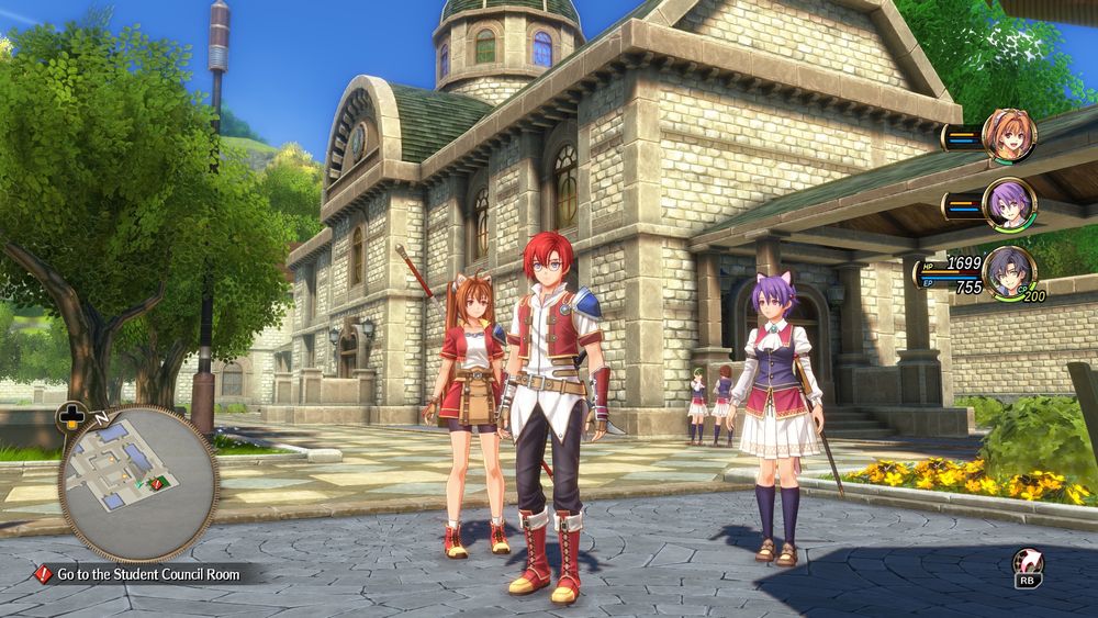 Trails in the Sky FC Joshua, Estelle and Kloe in front of the academy