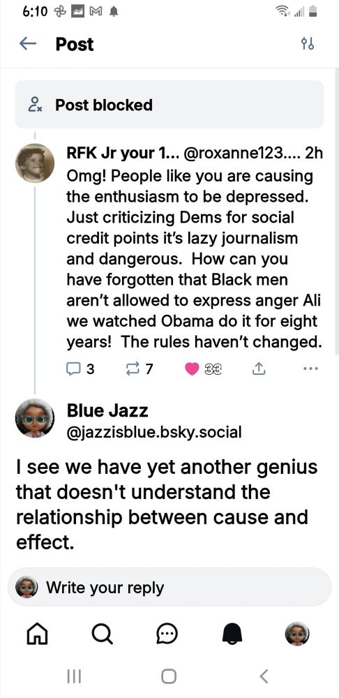 Copy of post showing being blocked by Ali