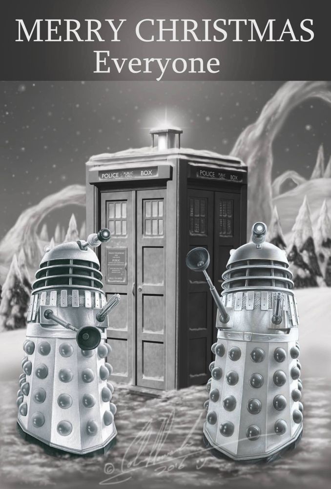 Two silver Daleks, outside my digitally hand-painted TARDIS (used in the animation),on a snow-covered planet Vulcan. With added Christmas trees heavy with snow.