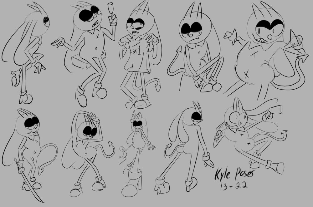 A series of drawings of kyle, a rabbit imp
