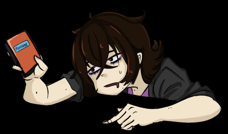 Jade leaning on a desk and looking at her phone which has a message icon on it. She looks super tired, which is probably because she stupidly stayed up too late 