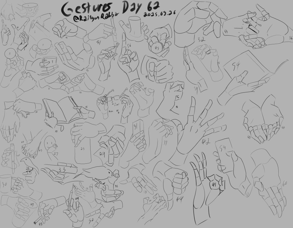 A series of 60 hands, each drawn in about 60 seconds