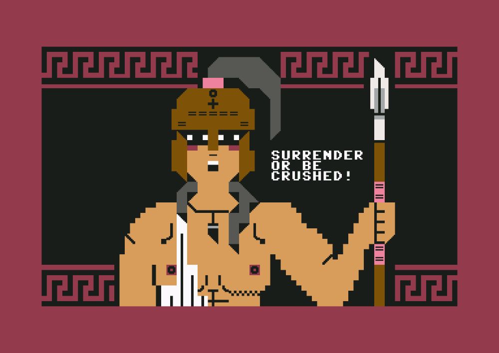 A textmode image of a buff woman standing guard. She has a muscular physique, dark grey hair, and is "wearing" white clothes that don't really cover much. She is also wearing a helmet which has the symbol of women on it and a ponytail peaking out of the top part. She has a tooth necklace and is holding a pointy spear.

Text caption: "Surrender or be crushed!"
