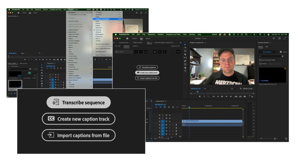 Screenshot of slide presentation with three screenshots of Premiere Pro software: (1) shows how to activate caption feature from the Window tab; (2) shows a detail of buttons that read: "transcribe sequence," "create new caption track," and "import captions from file"; (3) shows me, a white nonbinary person with glasses and a black Merzbow tee, in a video clip in Premiere software deck.